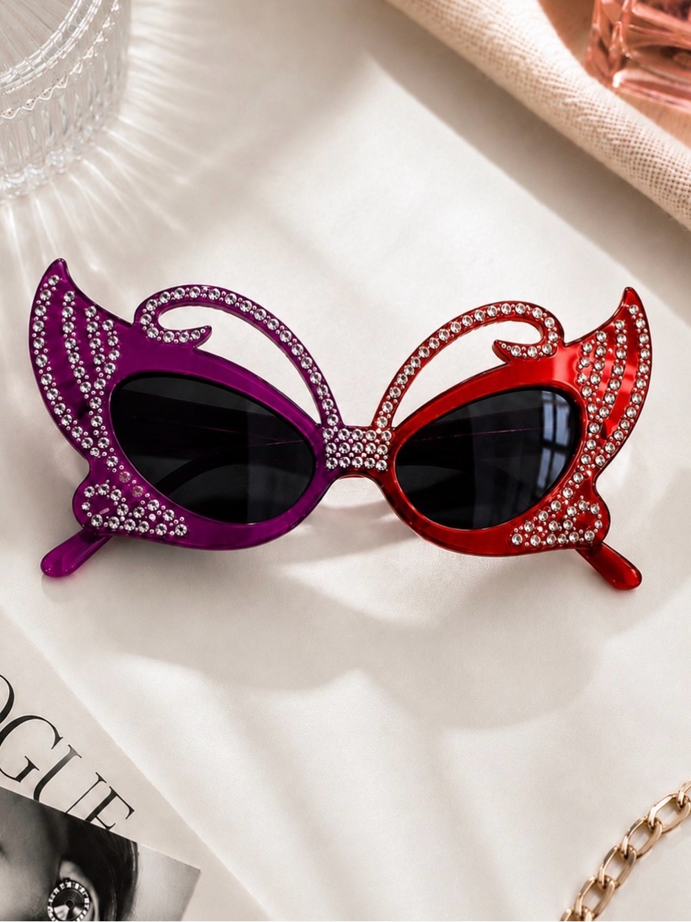 Y2K Rhinestone Cat Eye Sunglasses Purple Red Statement Glasses